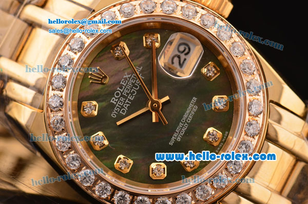Rolex Datejust Lady Pearlmaster 2813 Automatic Gold Case with Grey MOP Dial Diamond Bezel and Yellow Gold Strap ETA Coating - Click Image to Close
